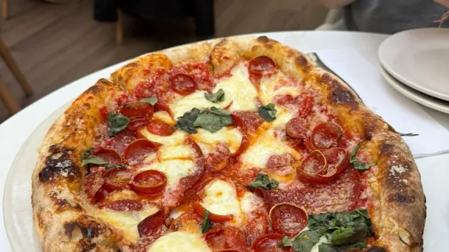 A wood-fired pepperoni and ricotta pie with blistered crust on a white plate at Brewster's in New Buffalo