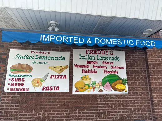 Freddy's hand-painted awning menu: Italian lemonade flavors, subs, pizza, pasta