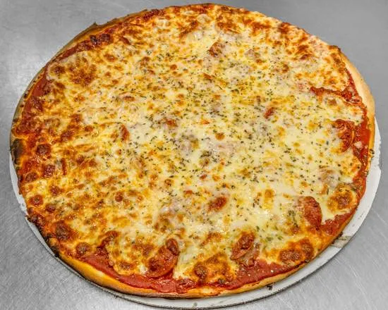 A whole Italian Fiesta sausage thin-crust pizza, golden cheese edge to edge before the party cut