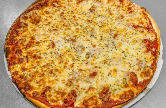 A whole Italian Fiesta sausage thin-crust pizza, golden cheese edge to edge before the party cut