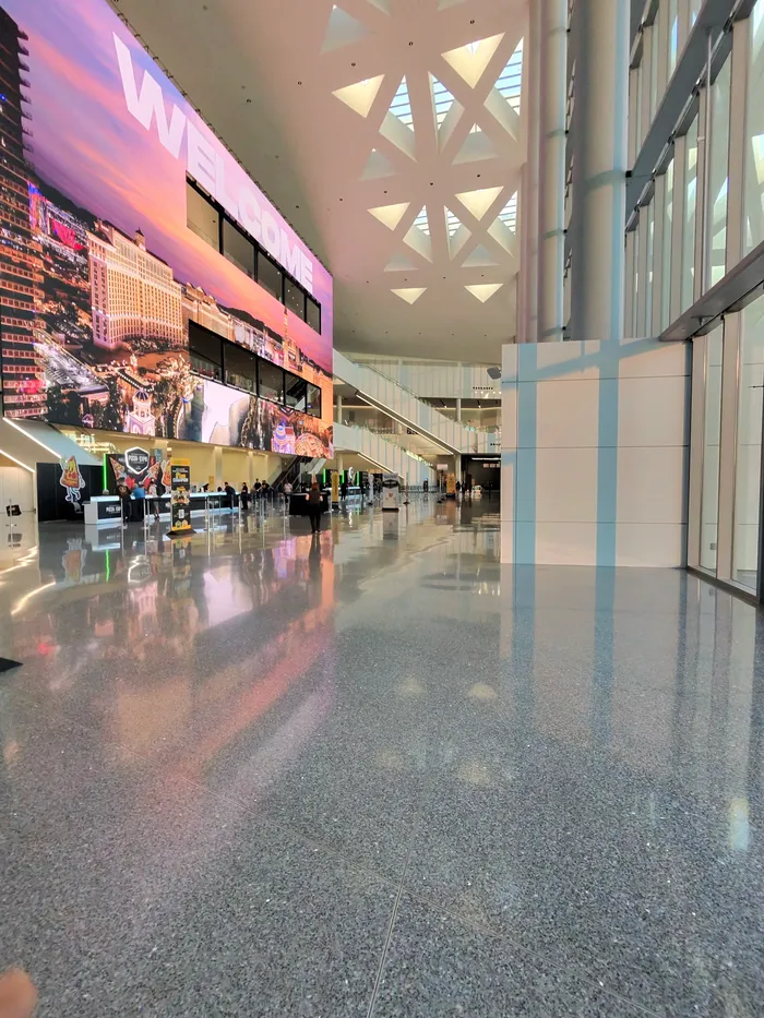 The glassy Las Vegas convention center concourse on the way into Pizza Expo