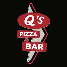 Q's Pizza & Bar red sign logo on black